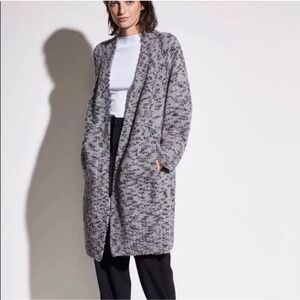 Vince Wool Cashmere Blend Long Cardigan Women L Grey Marled Belted Knit Coat